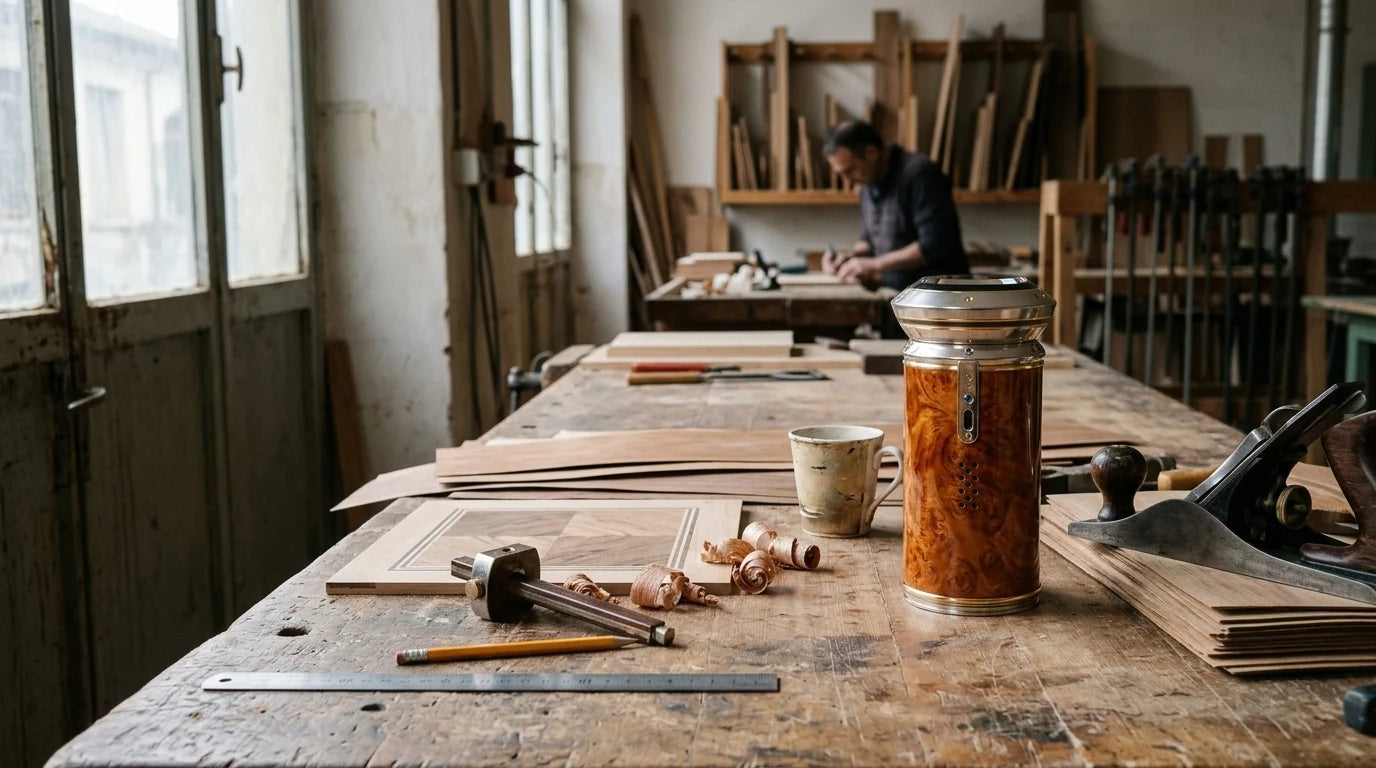 The ATUM wood-edition diffuser on a carpenter's workbench